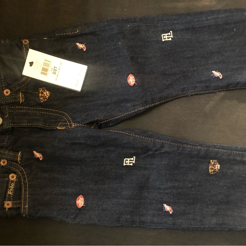 Ralph Lauren Unisex toddler 2T Embroidered Dark Wash Jeans with Multicolor Logos